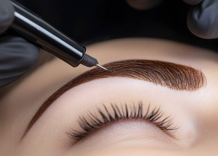 Permanent eyebrow makeup. Master in gloves applying paint with a Permanent eyebrow makeup. Master in gloves applying paint with a needle on the eyebrows of a girl.